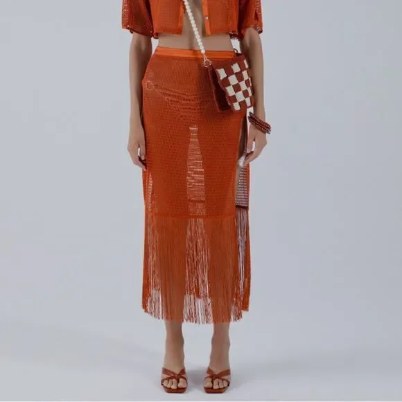 My Beachy Side Camelia Maxi Skirt mesh fringe rust midi resort NWT M swim - Picture 6 of 9